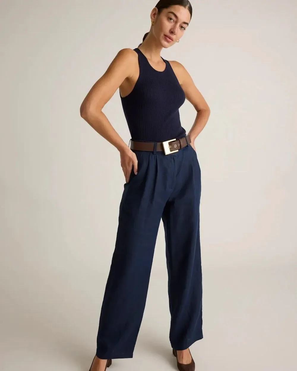 Quince 100% European Linen Pleated Trouser Pant Navy Size 6